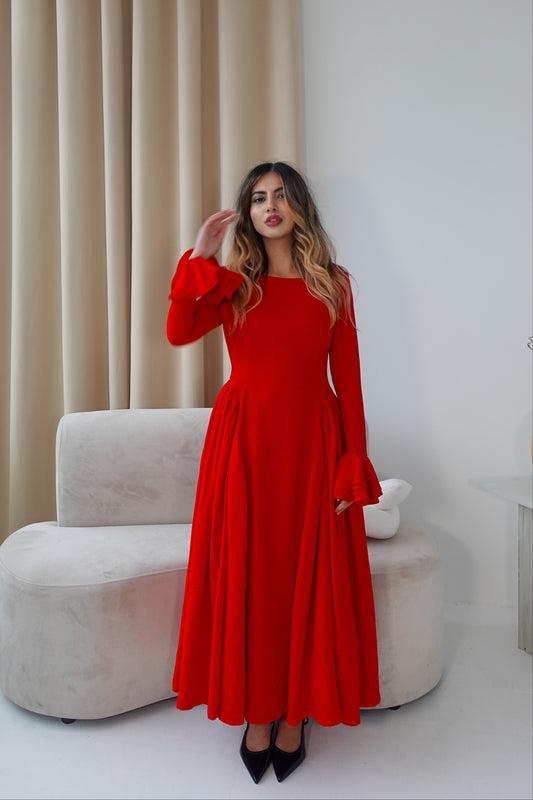 Lady in Red Pleated Dress